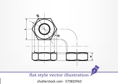 drawing nut three projection icon vector EPS 10, abstract sign screw-nut flat design,  illustration modern isolated badge for website or app - stock info graphics.
