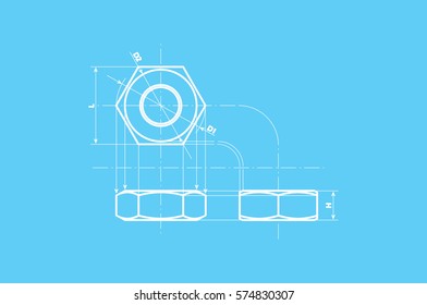 drawing nut three projection icon vector EPS 10, abstract sign screw-nut flat design,  illustration modern isolated badge for website or app - stock info graphics.