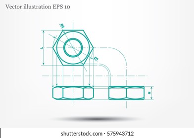 drawing nut three projection icon vector EPS 10, abstract sign screw-nut flat design,  illustration modern isolated badge for website or app - stock info graphics.