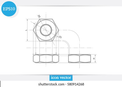 drawing nut three projection icon vector EPS 10, abstract sign screw-nut flat design,  illustration modern isolated badge for website or app - stock info graphics.
