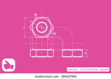 drawing nut three projection icon vector EPS 10, abstract sign screw-nut flat design,  illustration modern isolated badge for website or app - stock info graphics
