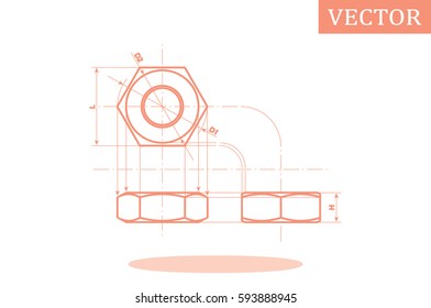 drawing nut three projection icon vector EPS 10, abstract sign screw-nut flat design,  illustration modern isolated badge for website or app - stock info graphics.
