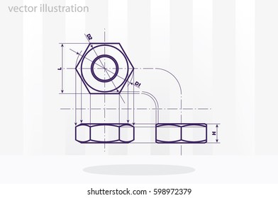 drawing nut three projection icon vector EPS 10, abstract sign screw-nut flat design,  illustration modern isolated badge for website or app, stock info graphics

