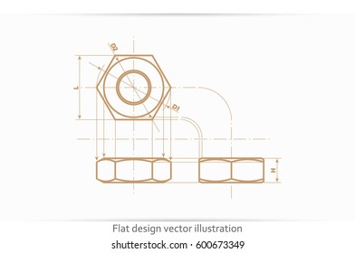 drawing nut three projection icon vector EPS 10, abstract sign screw-nut flat design,  illustration modern isolated badge for website or app - stock info graphics
