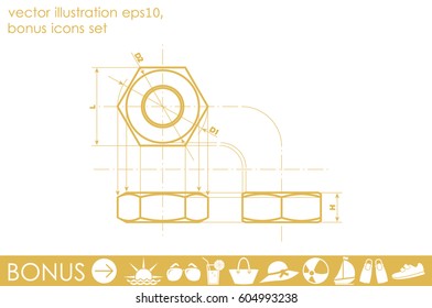 drawing nut three projection icon vector EPS 10, abstract sign screw-nut flat design,  illustration modern isolated badge for website or app - stock info graphics