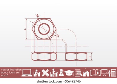 drawing nut three projection icon vector EPS 10, abstract sign screw-nut flat design,  illustration modern isolated badge for website or app - stock info graphics
