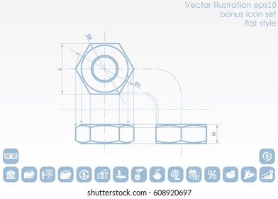 drawing nut three projection icon vector EPS 10, abstract sign screw-nut flat design,  illustration modern isolated badge for website or app - stock info graphics