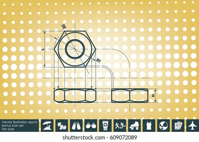 drawing nut three projection icon vector EPS 10, abstract sign screw-nut flat design,  illustration modern isolated badge for website or app - stock info graphics