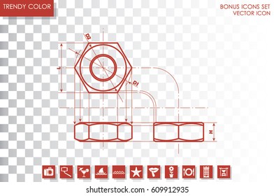 drawing nut three projection icon vector EPS 10, abstract sign screw-nut flat design,  illustration modern isolated badge for website or app - stock info graphics
