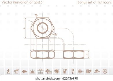 drawing nut three projection icon vector EPS 10, abstract sign screw-nut flat design,  illustration modern isolated badge for website or app - stock info graphics
