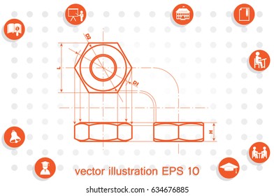 drawing nut three projection icon vector EPS 10, abstract sign screw-nut flat design,  illustration modern isolated badge for website or app - stock info graphics
