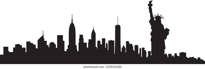 Eine Skyline von NYC mit Statue. Design Vektor schwarze Silhouette
