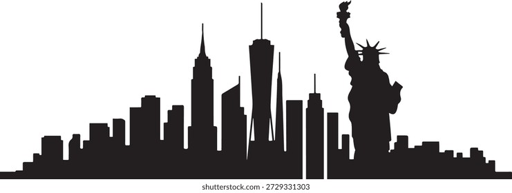 Eine Skyline von NYC mit Statue. Design Vektor schwarze Silhouette
