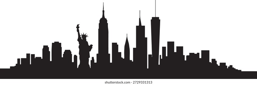 Eine Skyline von NYC mit Statue. Design Vektor schwarze Silhouette
