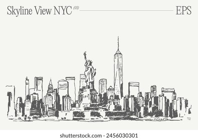 A drawing of NYC skyline with Statue of Liberty in the foreground