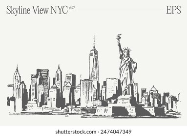 Eine Zeichnung der Skyline von NYC mit einer Freiheitsstatue im Vordergrund