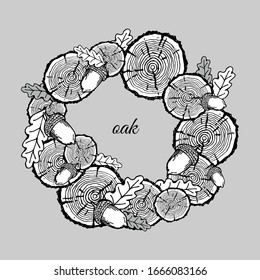 Drawing oak wreath black and white-annual circles, leaves, acorns