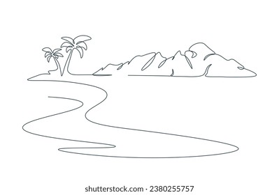 Drawing oasis with single continuous line. Tropical landscape with mountains and beach. Sea beach and lagoon with coconut palm in one line. Minimalistic linear illustration on white background.