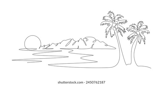 Oasis de dibujo con una sola línea continua. Paisaje tropical con montañas y playa. Playa de mar y laguna con cocoteros en una línea. Puesta de sol en la playa. Ilustración lineal sobre fondo blanco.