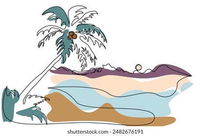 Drawing oasis with single continuous line. Tropical landscape with mountains and beach. Sea beach and lagoon with coconut palm in one line. Sunset on