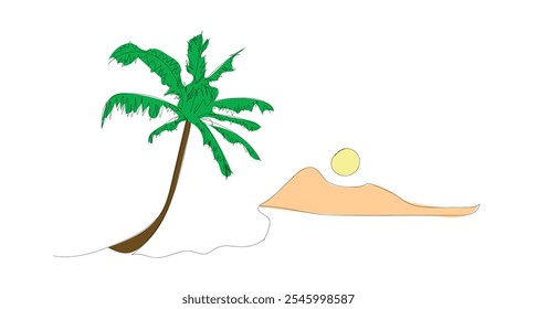 Drawing oasis with single continuous line. Sea beach and lagoon with coconut palm in one line.  Tropical landscape with mountains and beach. Sunset on beach. Hand made vector not AI.