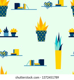 Drawing, objects of accessories, interior. Seamless background. Room flowers in a pot and shelves of books. Flat style. Cartoon vector illustration