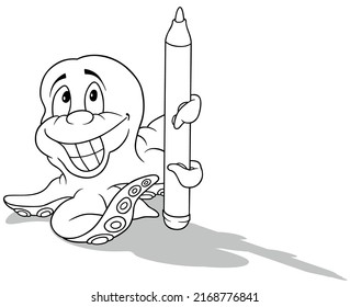 Drawing of an Octopus with a Big Smile Holding a Felt-tip Pen in Tentacle - Cartoon Illustration Isolated on White Background, Vector