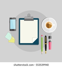 Drawing of office supplies and devices. Smart phone, pen, pencil, highlighter, cup of coffee, clipboard. Flat design style. Vector illustration.