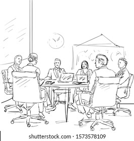 Drawing of office workers at business meeting. Hand drawn sketch of team, sitting and talking together around the table.