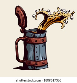 Drawing of an old beer mug with a lid. Beer splash from a mug