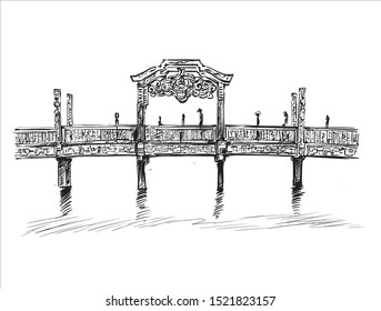 Drawing of the old bridge in Hue, Vietnam, hand draw