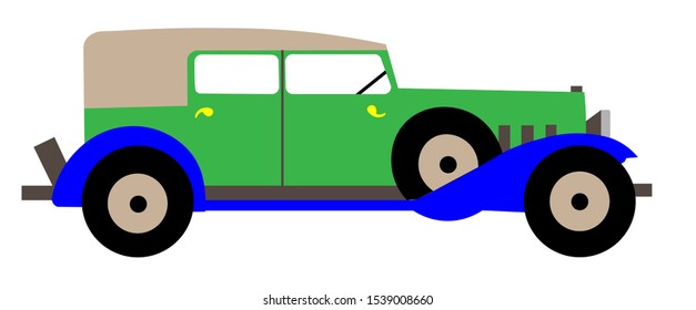 drawing of an old car of the beginning of the 20th century in blue-green color
