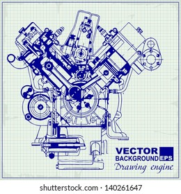 Drawing Old Engine On Graph Paper. Vector Background.