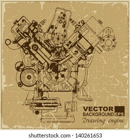 Drawing old engine on graph vintage old paper.Vector background. Plus two objects  cracked surface.Grunge effects can be removed..