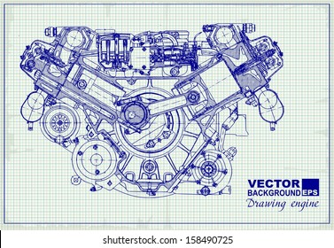 Drawing old engine on graph paper. Vector background.