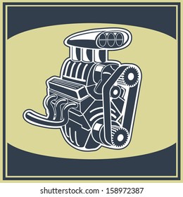 Drawing old engine on graph vintage .Vector background.