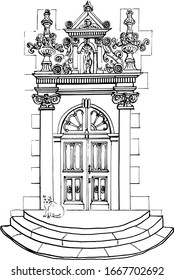 Drawing of an old French door.Sketch of a medieval door with a beautiful bas-relief above it.Vector illustration of a fragment of a house with a cat on the porch.Coloring book for children and adults.