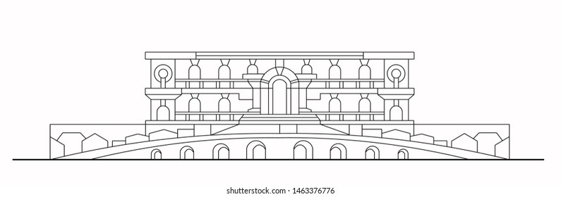 Drawing of old historical palace in renaissance architecture style. Old europe building with bridge for entry. Facade vector outline illustration.