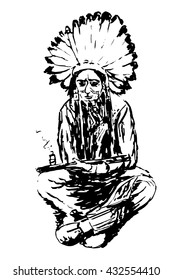 drawing an old Indian in a large headdress made of feathers sitting and smoking a pipe of peace, sketch hand drawn graphics vector illustration