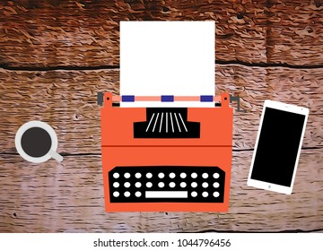 Drawing of an old nice typewriter with white folio