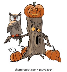 Drawing of old oak tree and an owl in a pumpkin field