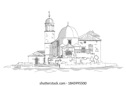 drawing old orthodox church our lady of the rocks