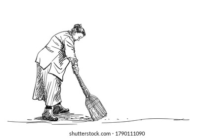 Drawing of old plus size woman sweeps floor with broom, Vector sketch hand drawn illustration