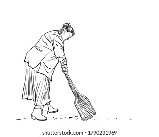 Drawing of old plus size woman sweeps floor with broom, Vector sketch hand drawn line art illustration