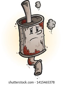 A drawing of an old rusted car muffler cartoon character with a melancholy face