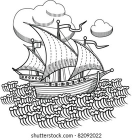 drawing old sailing ship, designed as woodcut 1