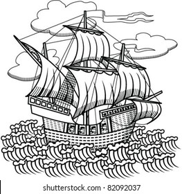 drawing old sailing ship, designed as woodcut 1