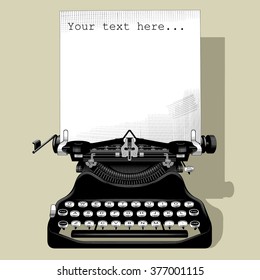 Drawing of old typewriter with a paper in black and white vintage engraving style. Vector illustration