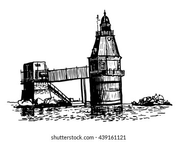 Drawing old vintage lighthouse unusual shape sketch hand drawn graphic isolated vector illustration