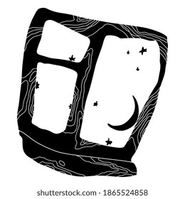 Dibujo de una vieja ventana y noche estrellada. Arte dibujado a mano. Silhouette en blanco y negro.